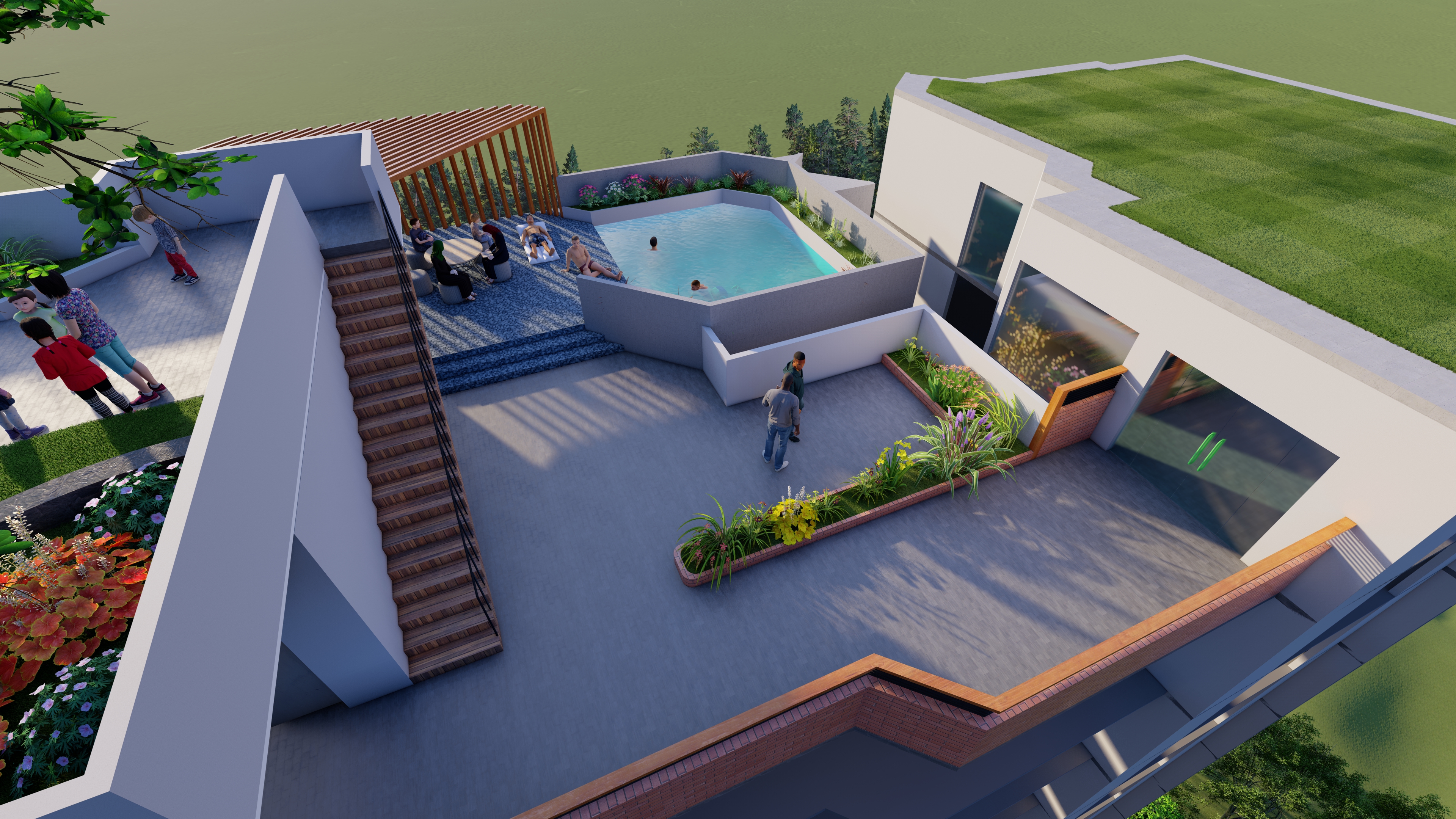 Rooftop amenity render for a Southern Assets & Properties land share project in Aftabnagar, Dhaka